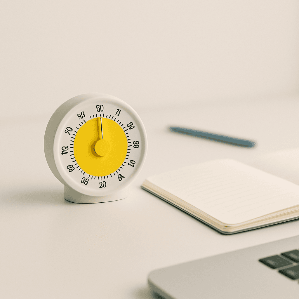 Image of a workspace with a timer and notebook